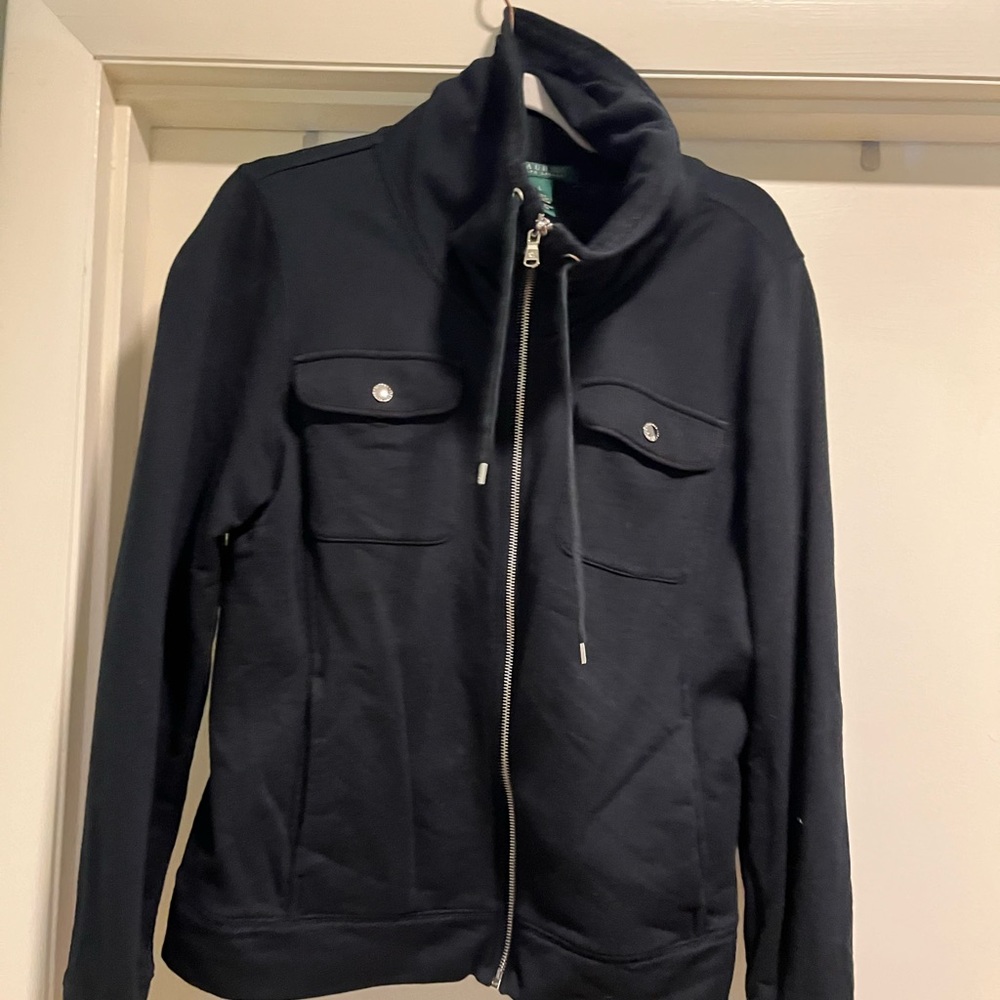 *3 for $15* Ralph Lauren Black cowl neck zip up jacket L 100%cotton
